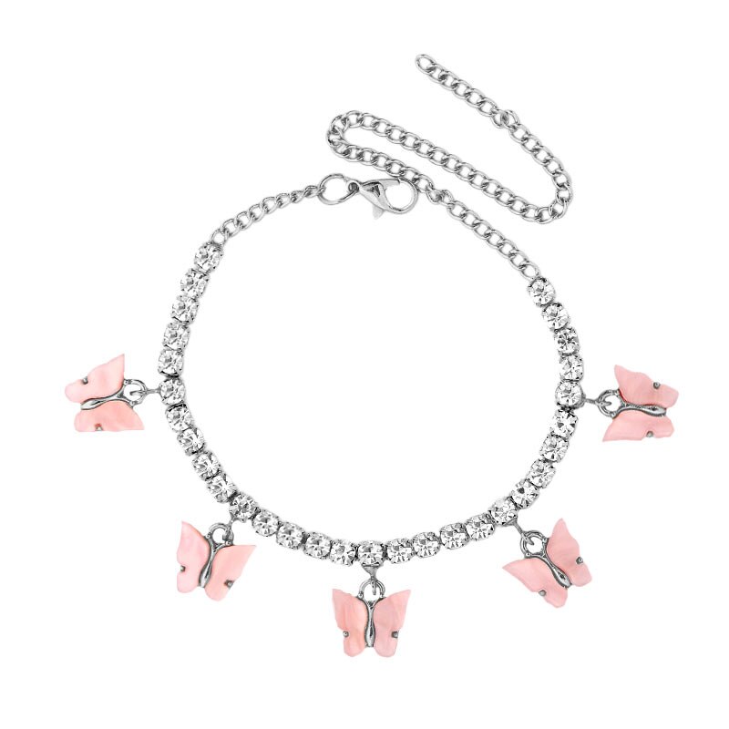 Flatfoosie Roze Vlinder Tennis Enkelband Rhinestone Sieraden Voor Vrouwen Crystal Vlinder Hanger Enkelbandje Zomer Strand Voet Keten: J001702SL