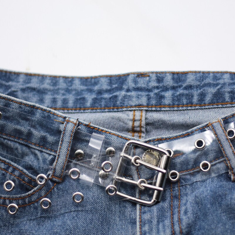 Kvinders gennemsigtige bæltekæde fulde hul bukser jeans bælte to rækker med pin spænde knapper gennemsigtig bælte 154