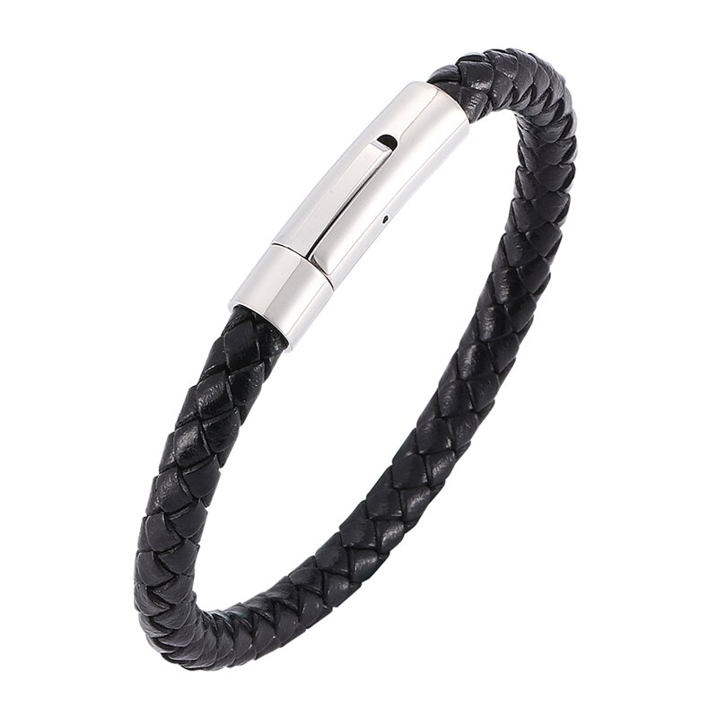 Men's Stainless Steel & Leather Braided Cuff Bracelet – Magnetic Clasp, Bangle Style, Unbranded