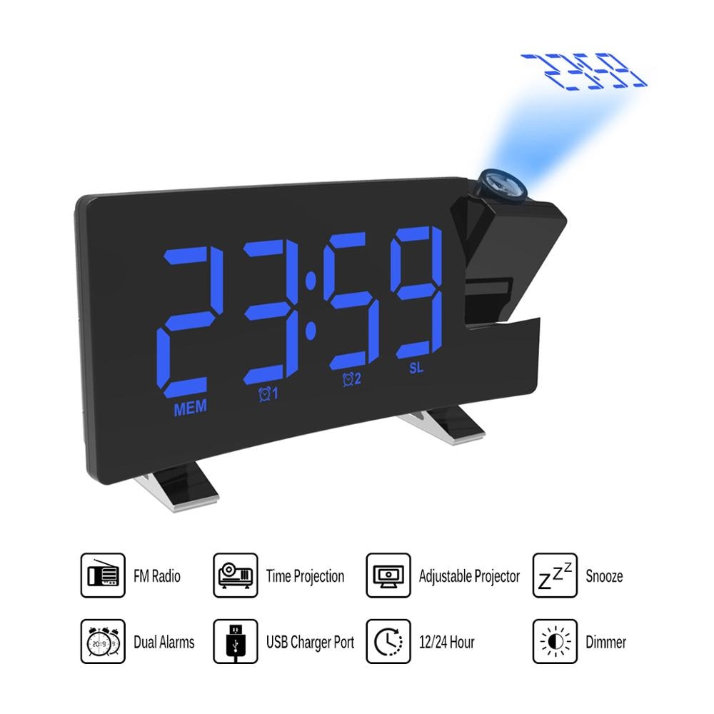 Radio Clock Digital 8 inch LED 180 Degree Projector Projection Snooze Alarm Clock Radio Timer Backlight 3W Speakers Home