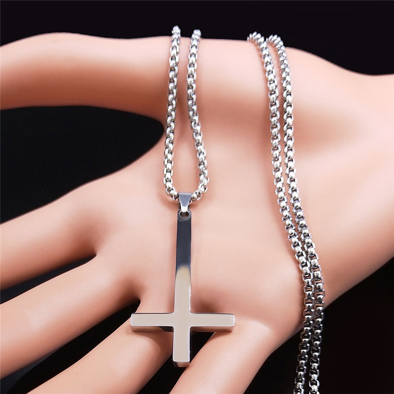 Collar con cruz al revés de acero inoxidable pagano de brujería, collar con cruz invertida para mujeres/hombres, joyería collier N8373S02