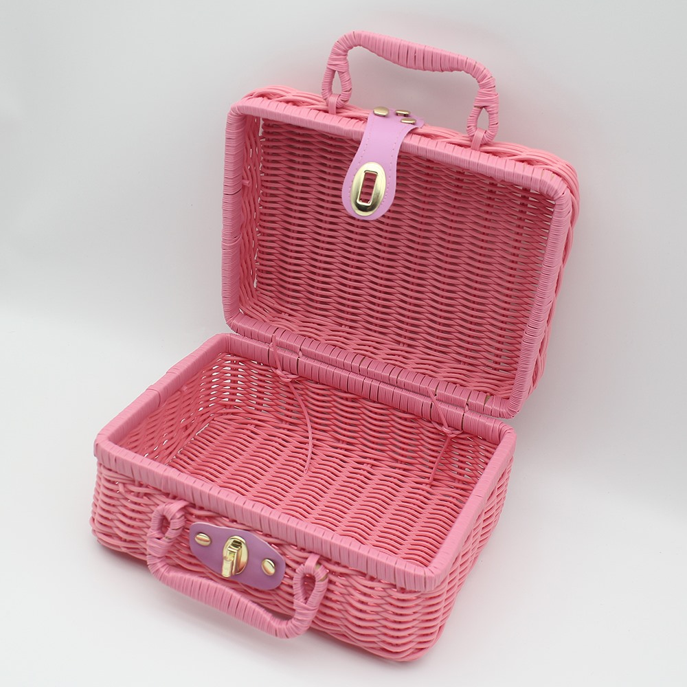 Paniers en rotin PP rétro, panier de rangement pour pique-nique, valise WUNICEF avec boîte à la main, boîte de rangement cosmétique tissée, rangement d'organisation: M / Bleu