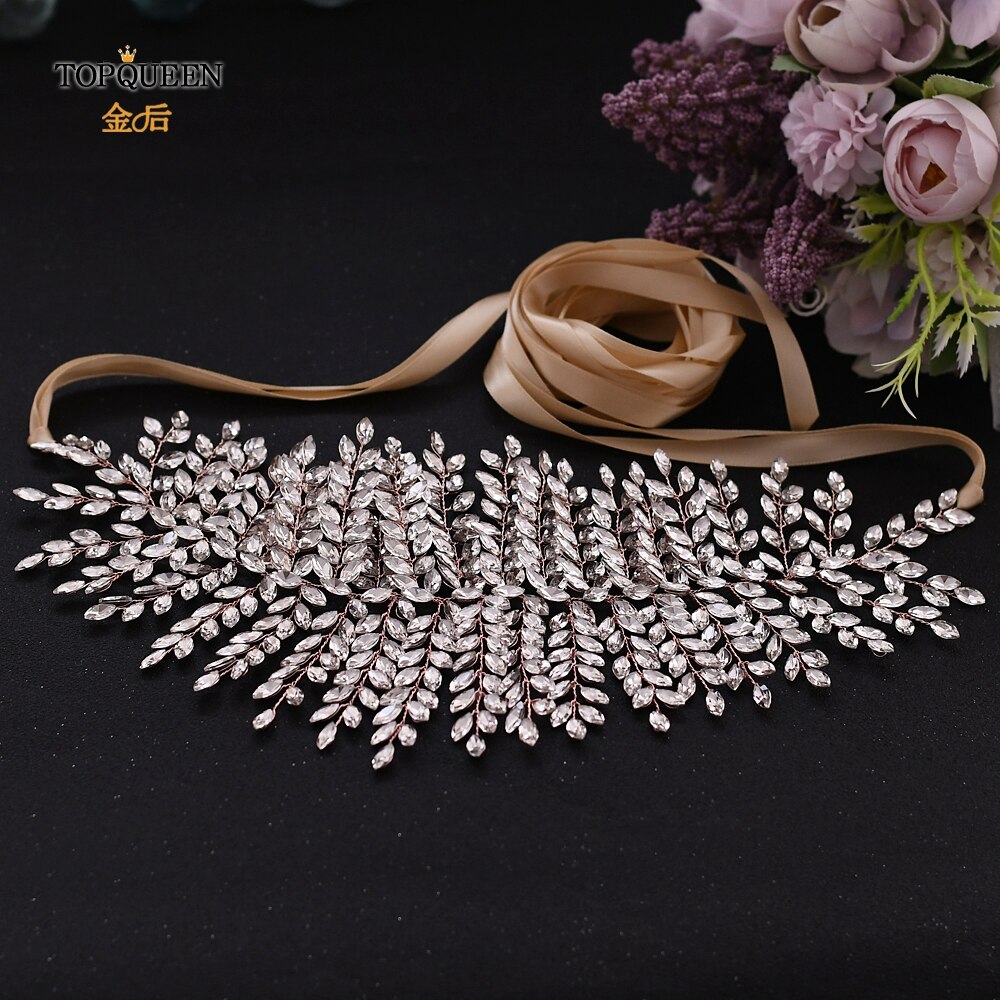 TOPQUEEN Rose Gold Jeweled Belt Wedding Dress Belt Rhinestone Belts for Women Formal Belt for Women Dresses Bridal Sash SH238-RG: Champagne ribbon