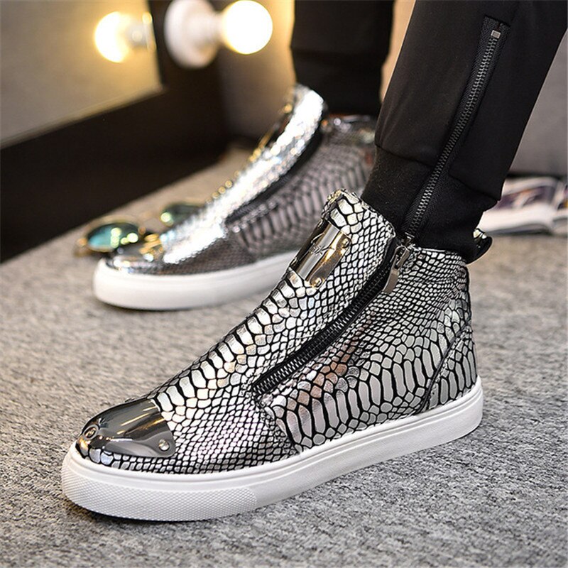 Mens Snake skin Grain Boots Zipper Casual Outdoor High-Top Shoes Man Metal Toe Boots Men's Slip-On Party Driving Boot