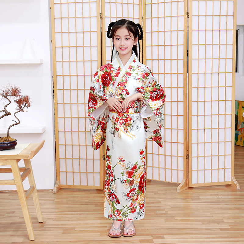 Mädchen Kind Japan Kimono Kleid Traditioneller Haori Yukata Bademantel Satin Luxus Orientalischer Bademantel mit Obi Kinder Cosplay Kleid