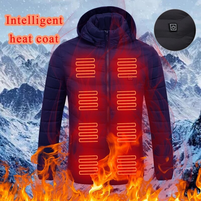 Heren winter warme usb-verwarmingsjassen jassen slimme thermostaat effen capuchon verwarmde parka's waterdichte warme buitenjassen: Blauw / Xxxl