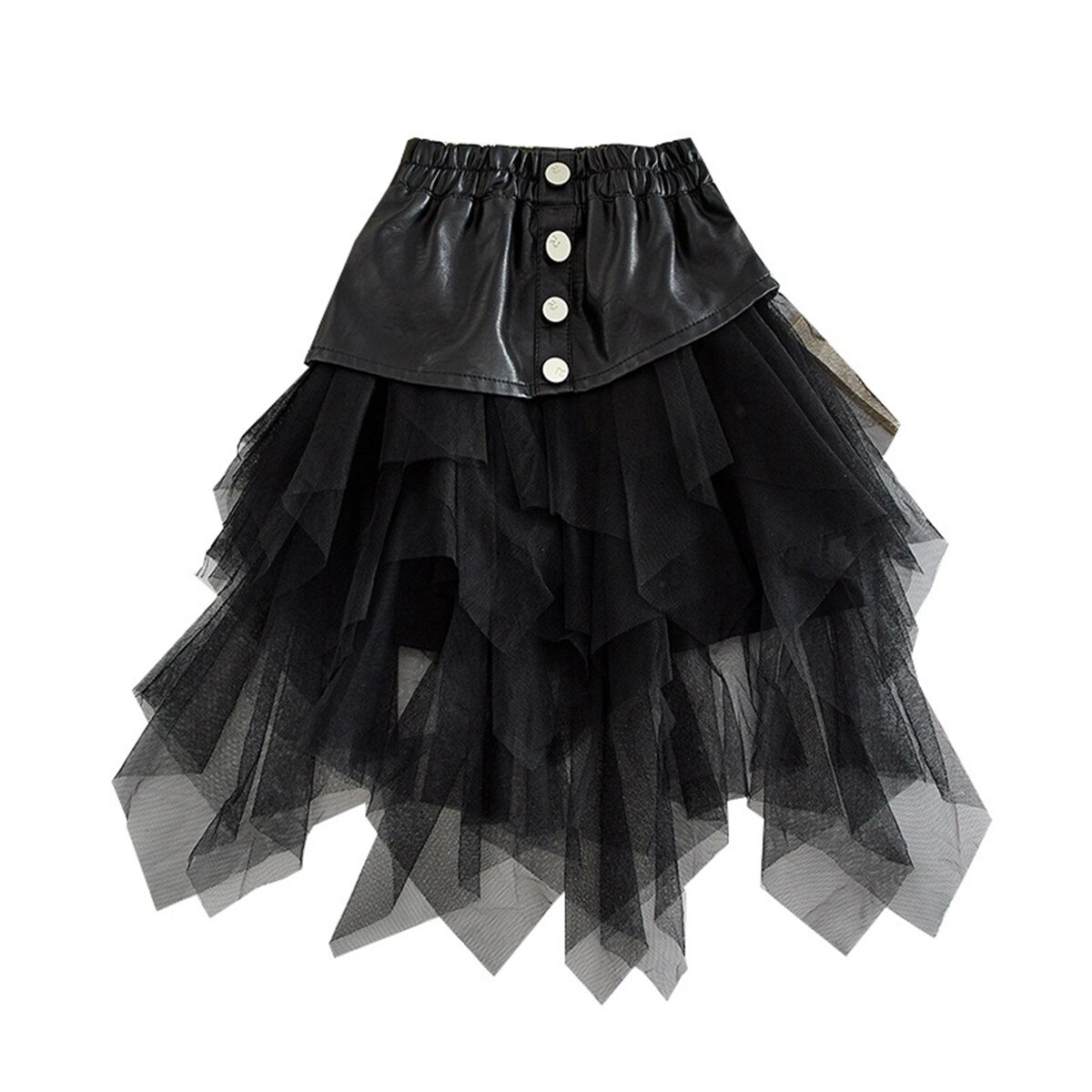 2-8Y Cool Kids Baby Girls Skirts Black PU Button Tulle Patch Tutu Skirt Princess Toddler Party Skirt