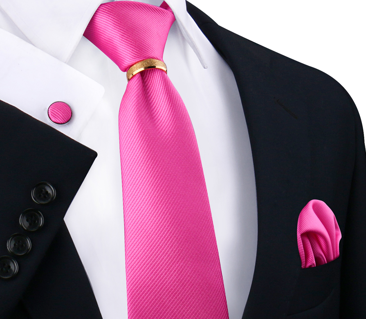 Conjunto de gravatas de seda sólida de luxo para homens gravata lenço abotoaduras com anel de metal dourado broche terno festa de casamento acessórios masculinos: Dourado