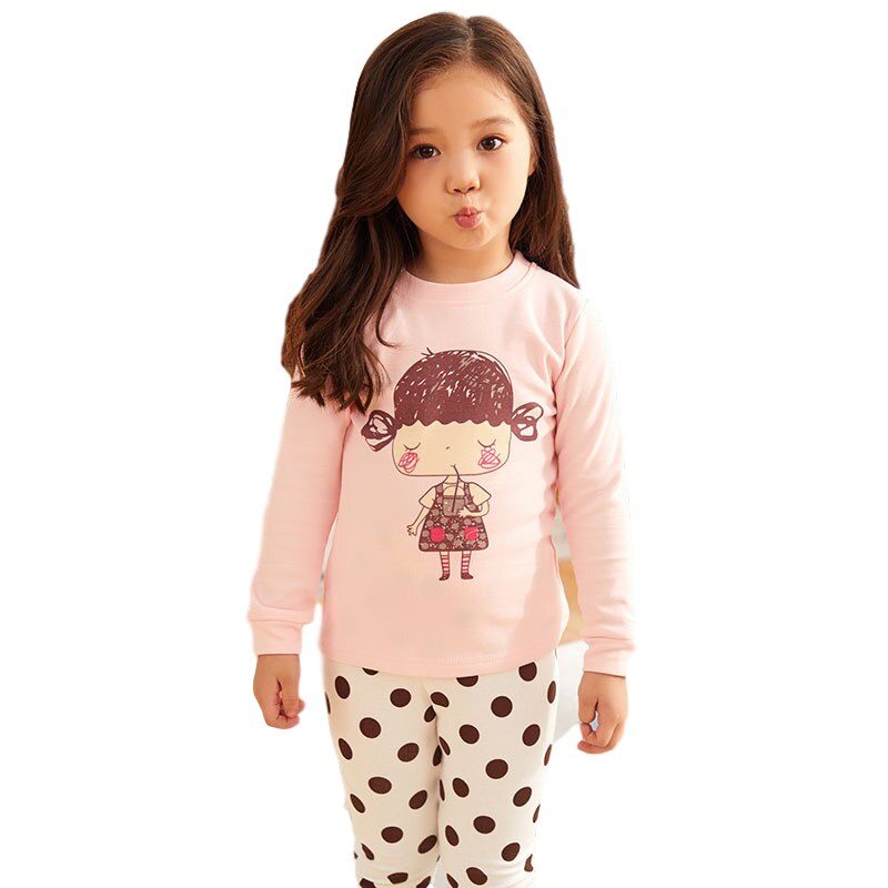 Kid's Children's Girl Cute Lovely Sweet Cartoon Little Girl Printed Long Sleeved Pajamas Sets Polka Dot Sleepwear Outfit: 3Y-4Y