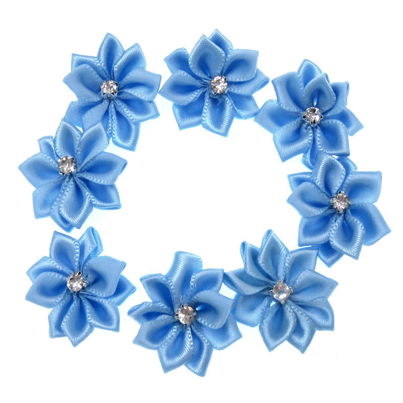 40Pcs Blue Small Satin Flowers Fabric Rhinestone Flowers Appliques Sewing Decoration Wedding Garment 2.8cm