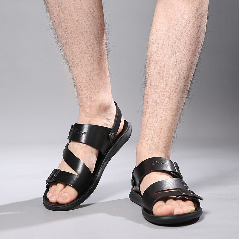 HKXN 2022 Men Sandals split Leather Soft Non-slip Beach Summer Sandals Slippers Slip-On Flats Flip Flop Sandals T