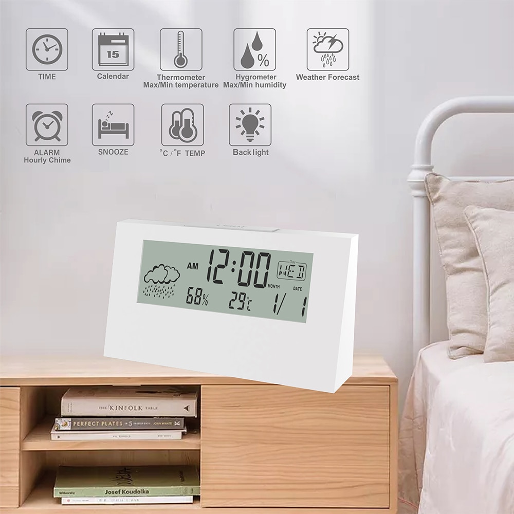 Reloj despertador eléctrico LCD de escritorio, reloj blanco con calendario y temperatura Digital, humedad, moderno, para el hogar y la Oficina, funciona con pilas