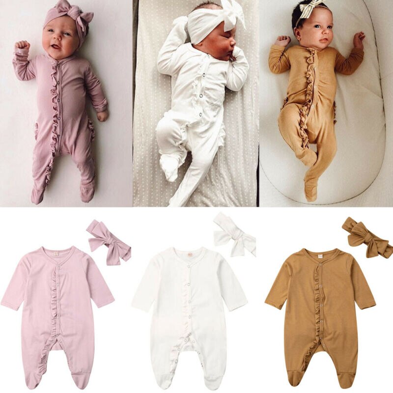 Pudcoco Mode 0-12M Pasgeboren Baby Baby Boy Meisje Katoenen Romper Lange Mouw Solid Jumpsuit Kleding Hoofdband 2 STUKS Outfit