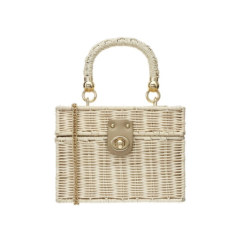 Afslappet rattan boks halmtasker fletvævede kvinder håndtasker håndlavede skulder crossbody tasker sommer strand små punge famade taske: Rattan halm beige