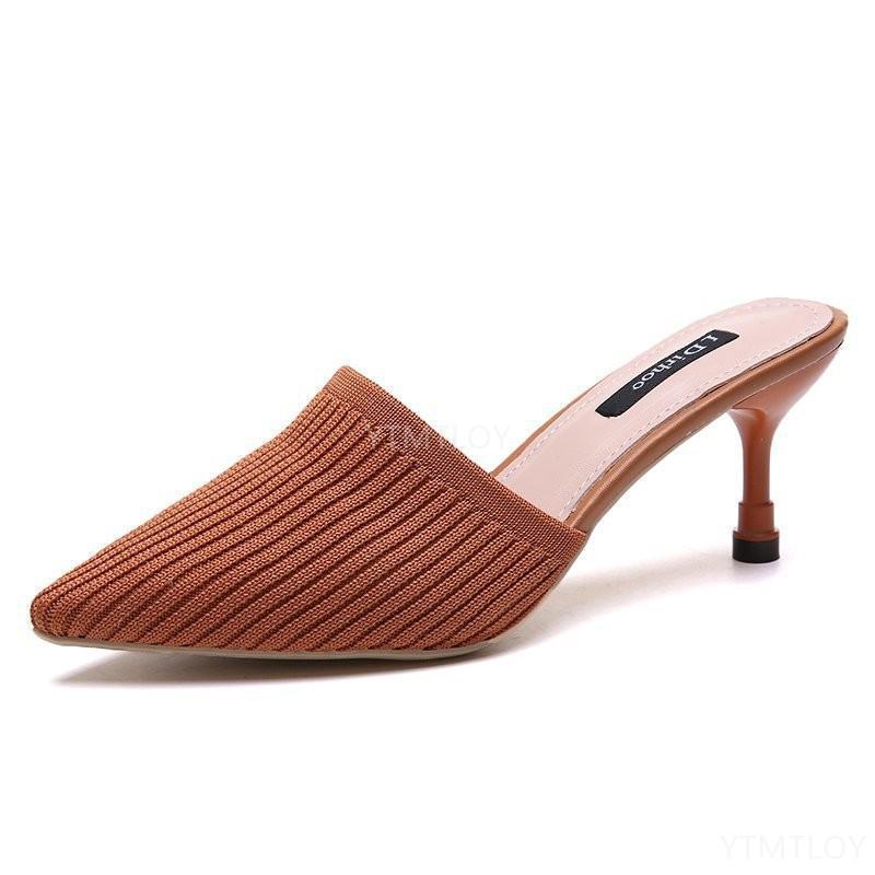 Tricoté élastique Mules pantoufles maison femmes à talons hauts femme chaussette chaussures été Designers Zapatillas Mujer Casa: Orange / 35