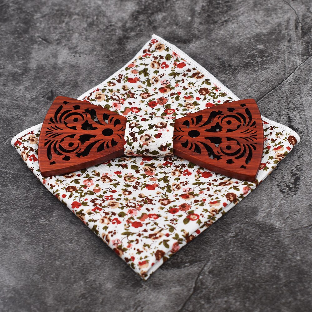 MAHOOSIVE Man Wooden Bow Tie Set for Wedding Suit Wood Bowties Handkerchief pocket square Set Gravatas Slim Shirt Ties for men