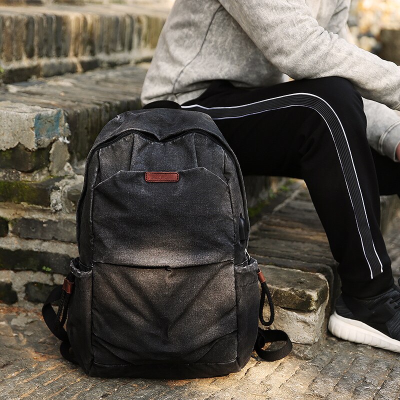 Muzee Canvas Rugzak voor Mannen School Usb-poort Opladen Tassen Reizen Laptop College Student rugzak Reizen Dagrugzak zwart 1898