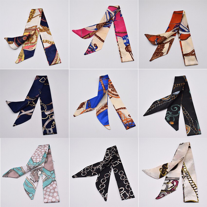 Petit foulard en soie pour femme imprimé poignée sac rubans foulard de tête petits foulards longs et fins
