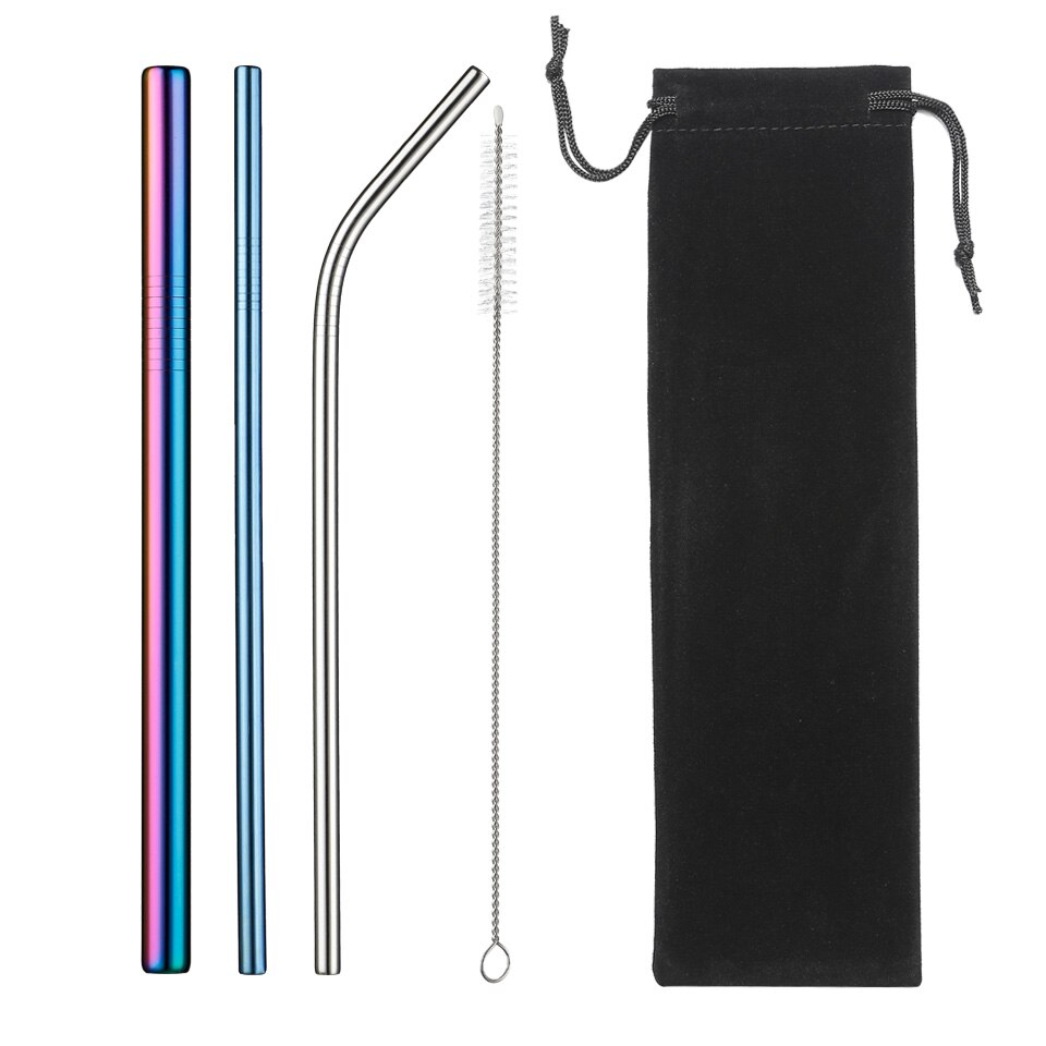Metal Reusable Straw Eco-Friendly 304 Stainless Steel Straw Smoothies Drinking Straws Set with Brush &amp; Bag: V