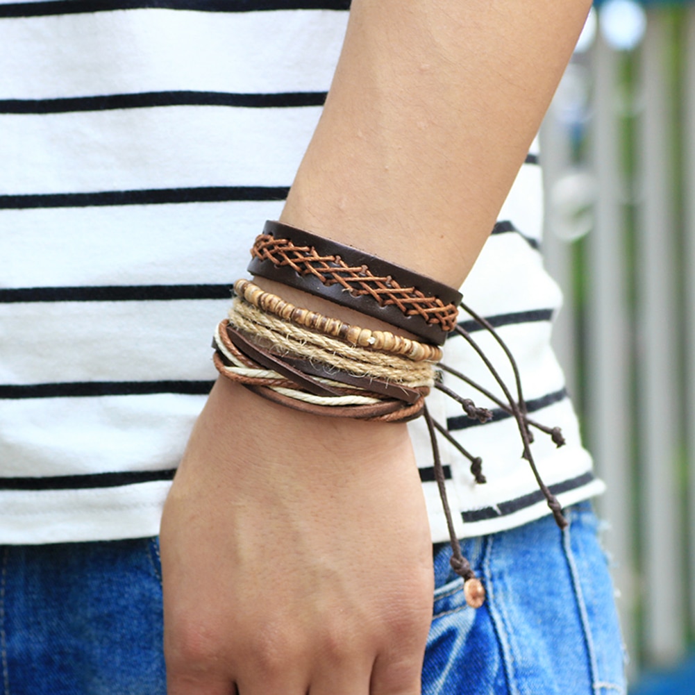 Bracelet en cuir tissé multicouche pour hommes, , fait à la main, réglable, Vintage, bohème,