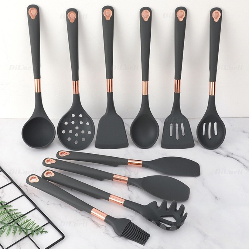 Silicone Kitchenware Set Cooking Tools Rose Gold-plated Simple Hanging Hole Easy To Store Kitchen Utensils Accessories Non-Stick