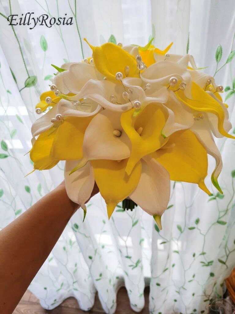 EillyRosia White Yellow Cala Lily Wedding Bridal Bouquet Wedding Flowers Pearls Rhinestones Beautiful Bridesmaid Bouquet Bride