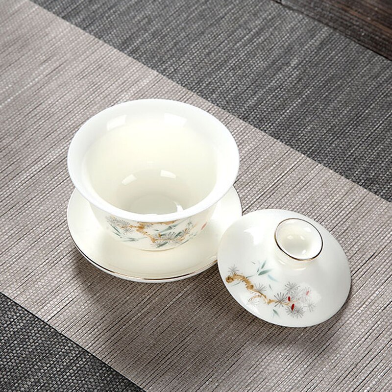 Hand Make Ceramic Tea Tureen White Porcelain Gaiwan Pine Cypress Tea Bowl Cup with Lid Cover Saucer Kit Teacup
