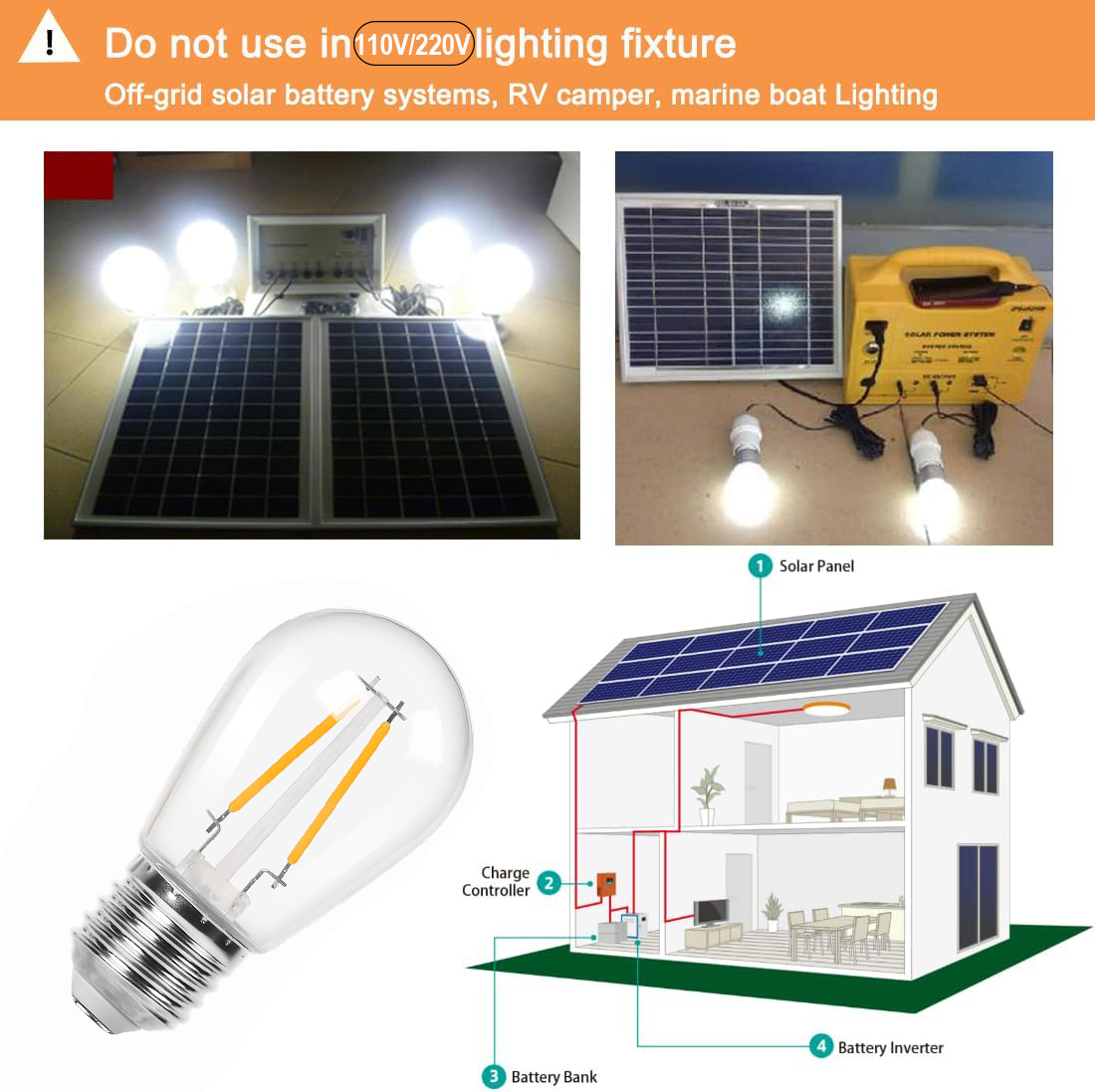 S14 led-lampen als ersatz, 2w niedervolt-lampen ,  e27 bruchsichere kunststoff-außenleuchten, netzunabhängige solarbatteriesysteme 12v wohnmobil-dekoration