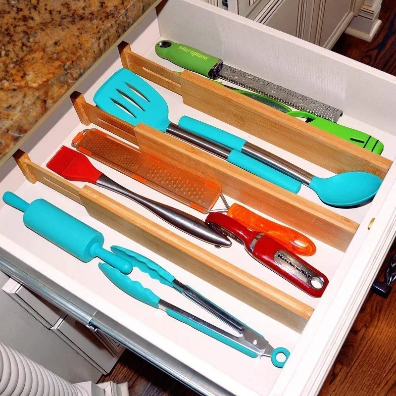 4 stuks bamboe keukenladeverdelers, verstelbare lade-organizers, veerbelast, werkt in keuken, dressoir, badkamer, slaapkamer, lade