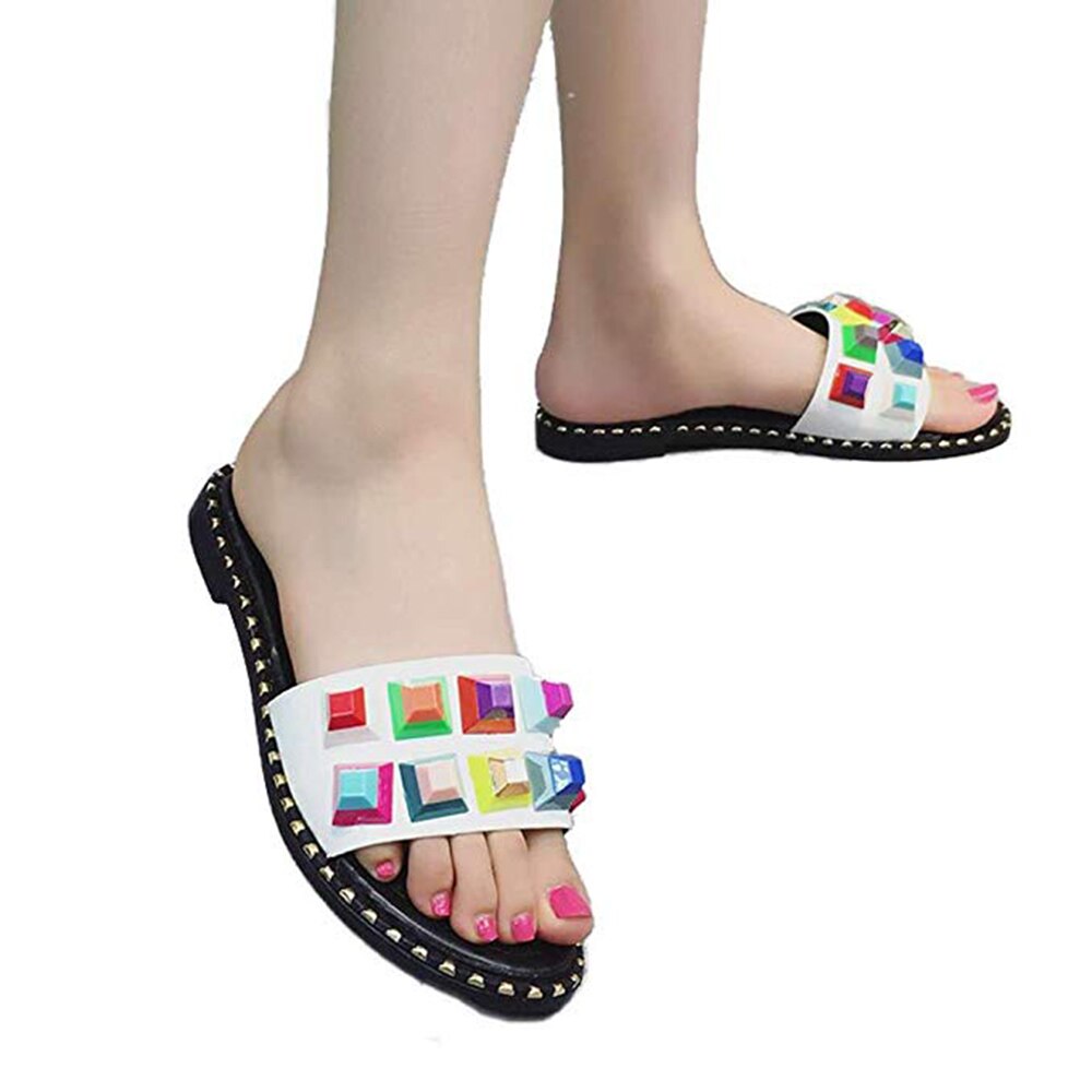 Sandalias de mujer con tachuelas coloridas sandalias con pedrería remaches elegantes Chanclas de cuero planas de Punta abierta Sandalias cómodas al aire libre
