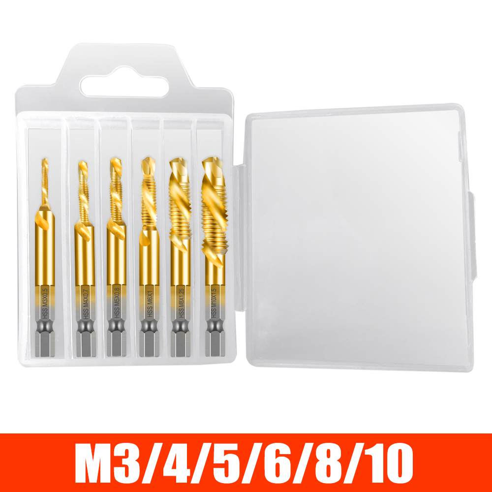 DIZAINLIFE M3 M4 M5 M6 M8 M10 Titanium Tap Drill Bit Set Hex Shank HSS Screw Thread Metric Combination Drill Bits Compound Tools: 6PCS Gold / Standard