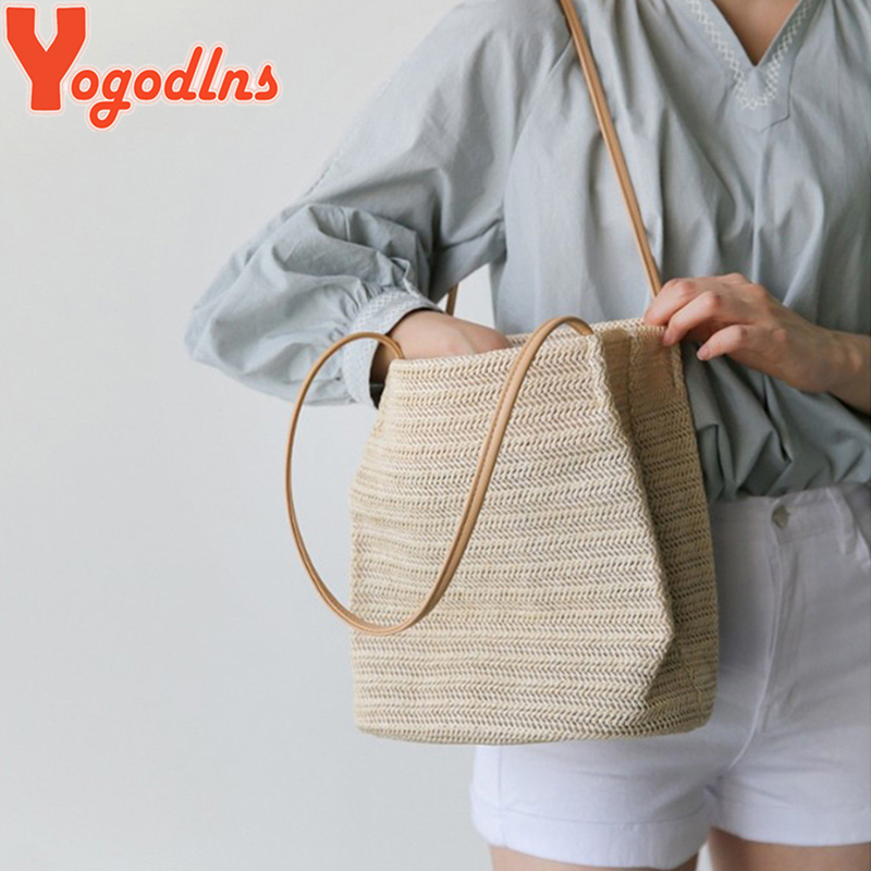 Yogodlns – sacs de plage en paille pour femmes, sac seau tissé en lin, grands sacs à main décontractés, fourre-tout tricoté en rotin, sac à bandoulière