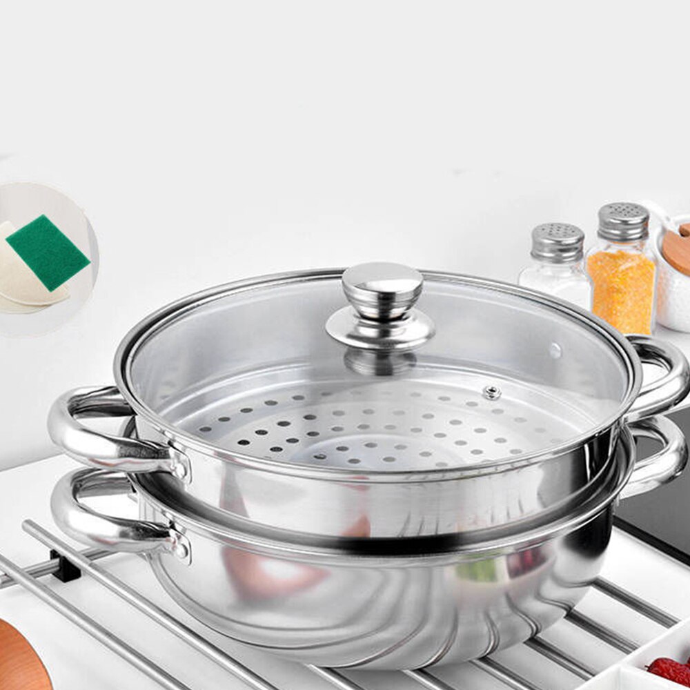 Multifunctional Steam Pot Double Layers Stockpot Stainless Steel Steamer Cooking Boiler Silver (28cm)