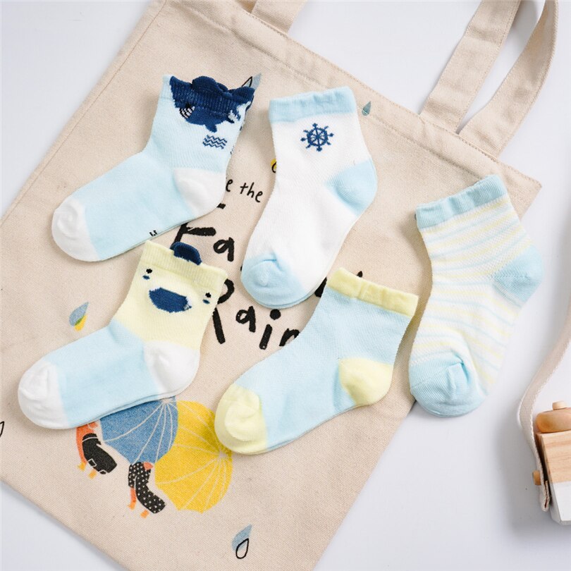 5 Pairs Kids Short Socks Set Toddler Boys Girls Cartoon Animals Printed Mesh Breathable Sweat Soft Anti-Slip Baby Socks 0-5T A20