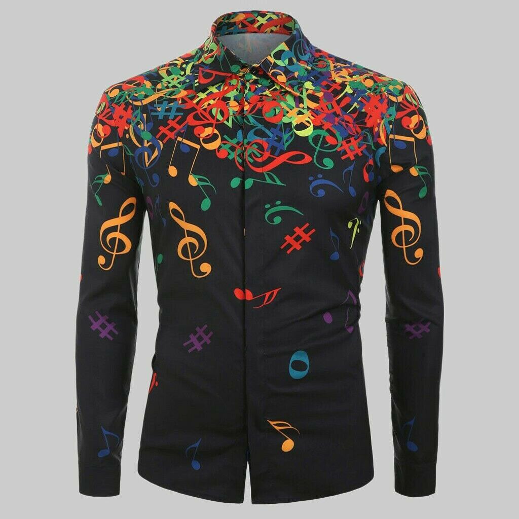 Men Casual Novelty Musical Note Pattern Long Sleeves Shirt Top Blouse for Party NIN668: Black / XL