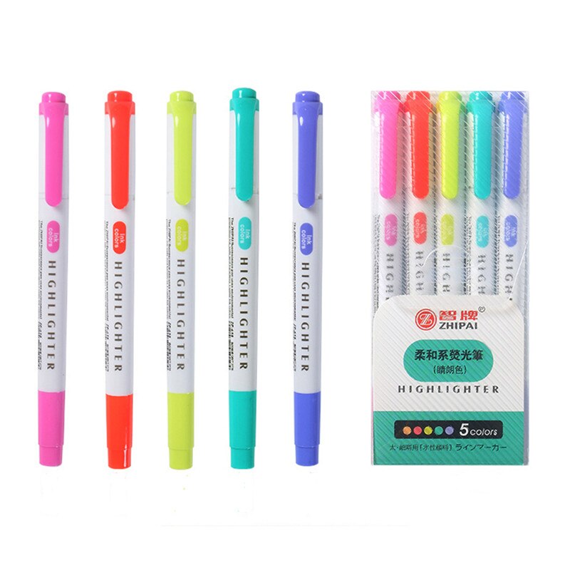 5 Pcs/Set Highlighter Pen School Supplies Dual Head Fluorescent Art Markers Brand Book Reading Mark Pen For Student Stationery: E