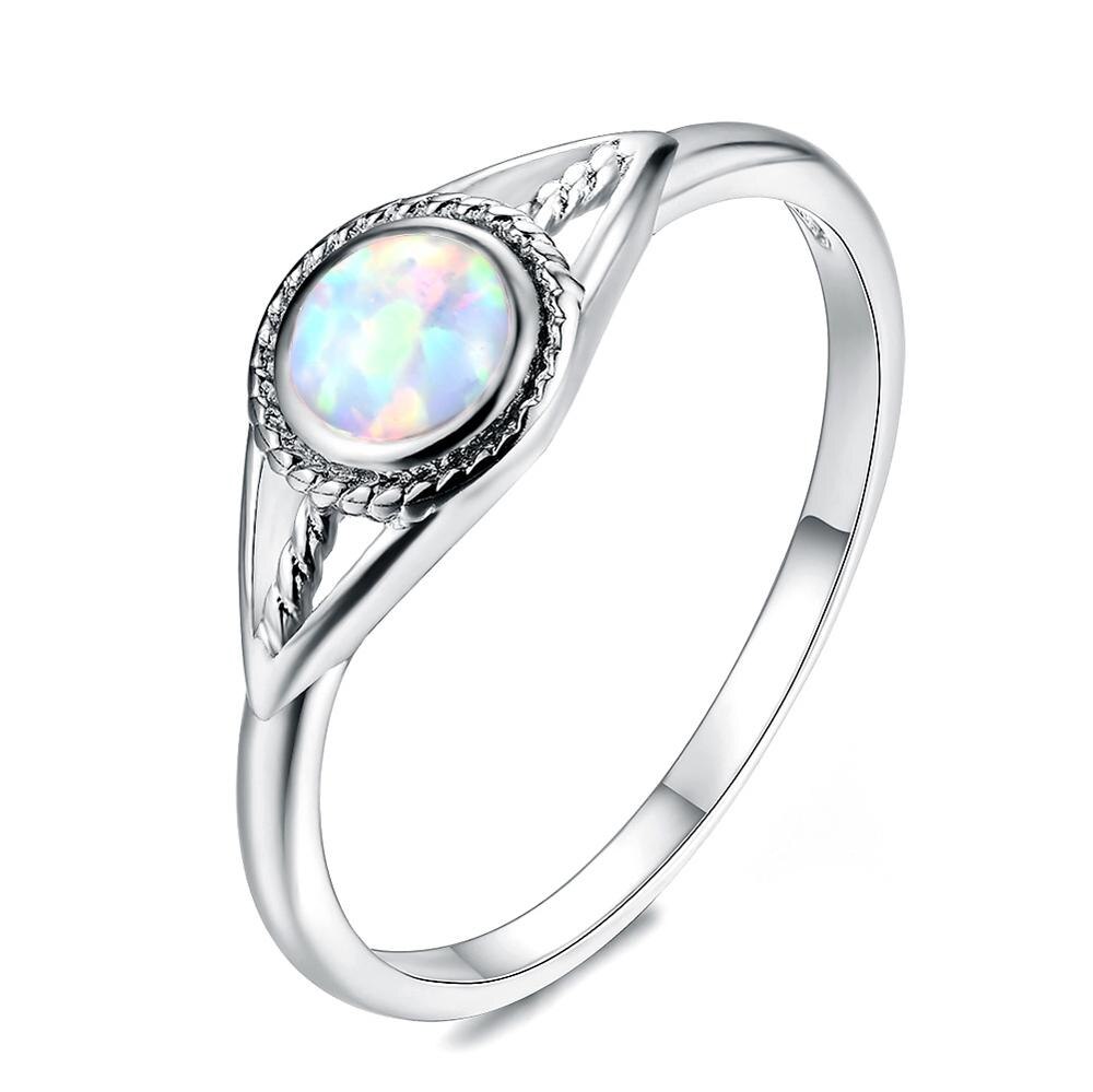 Vintage Silver White/Blue/Purple Round Opal Rings anillos Sterling Silver 925 Finger Ring Women Jewelry: 6 / White