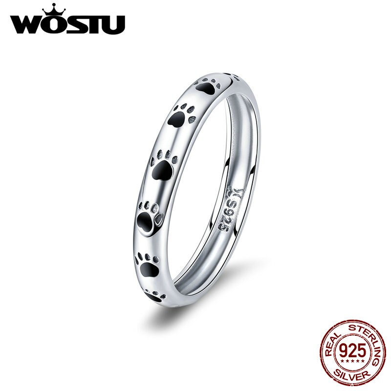 WOSTU TOP 925 Sterling Silver Dog Cat Pets&#39; Footprint Finger Rings For Women Party Ring Anel Jewelry CQR445