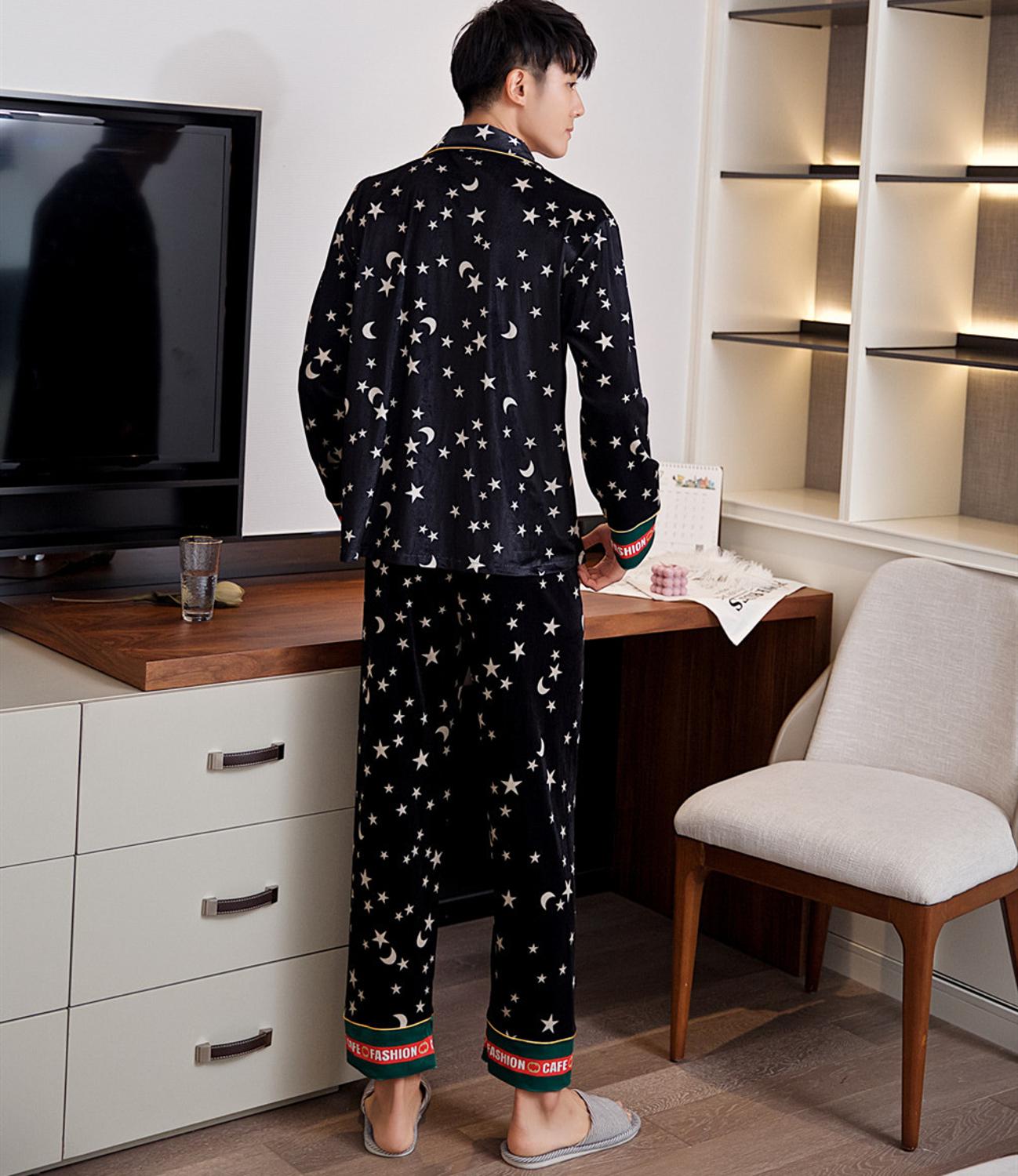 FZSLCYIYI Moon Star Couple Pajamas Autumn Gold Velvet Long Sleeve Women Pajamas Loose Men Pajama Sets Home Clothes