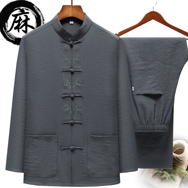 Katoenen linnen tweezijdige traditionele chinese outfit tang-pak met lange mouwen hanfu-top kungfu-jas + broek uniform voor mannen: Kleur 1 / Xxl