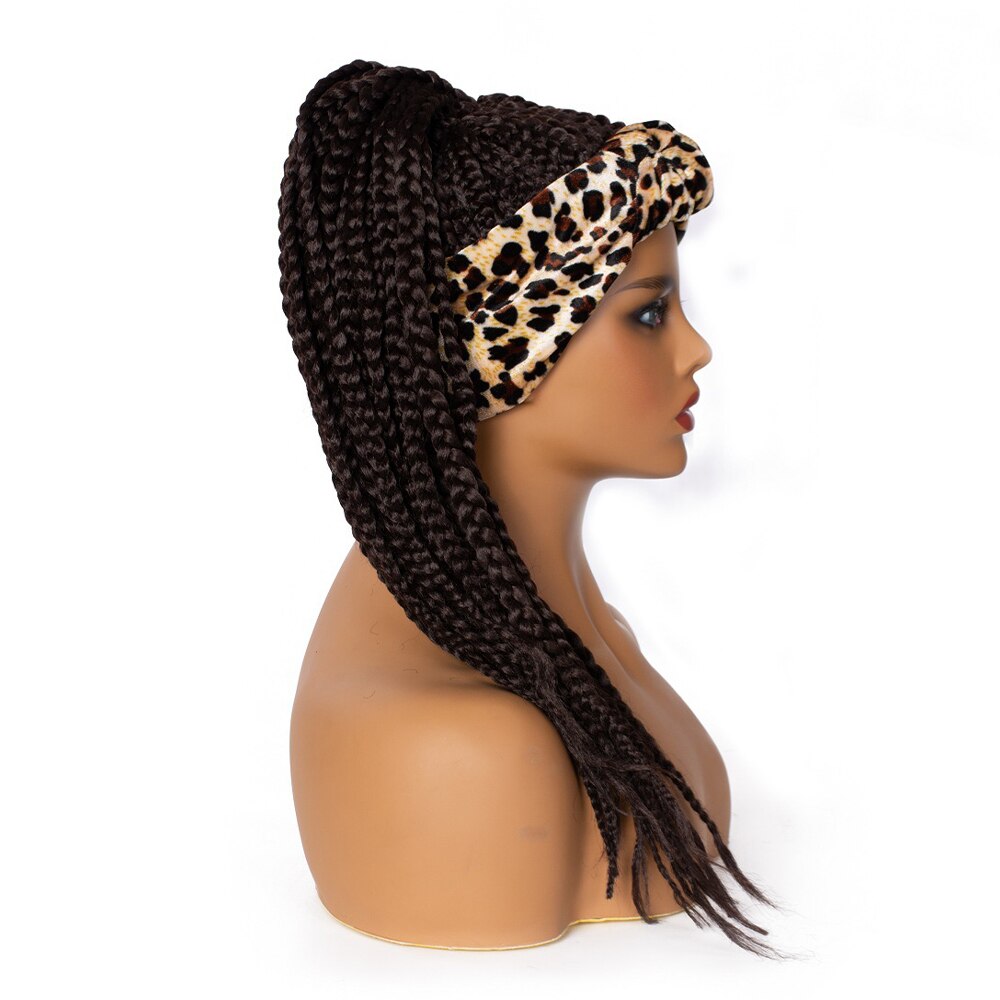 Braided Headband Wigs for African Women Box Braid Wig Synthetic Braiding Hair Leopard Turban Wrap Black Ponytail