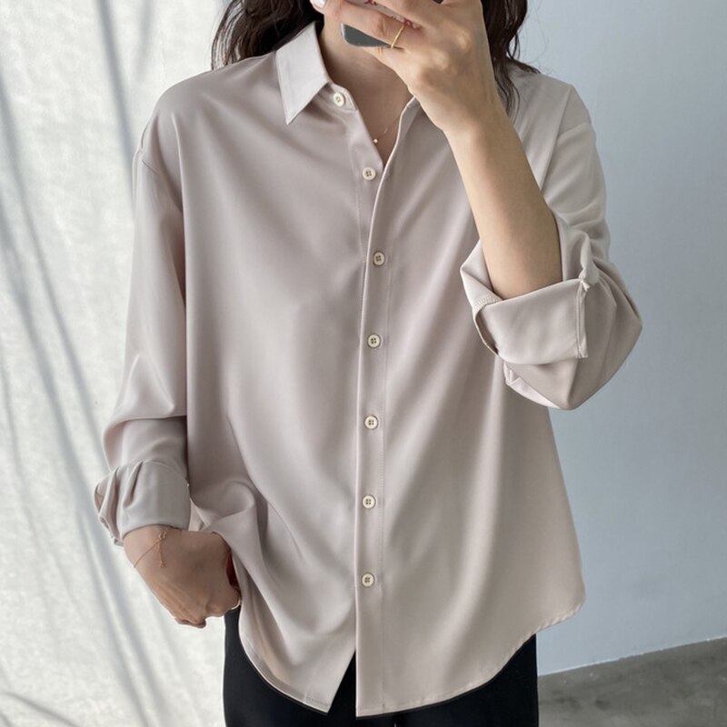 Blouse Womens Long Sleeve Turn-down Collar Shirt Spring Autumn Office Wear Ladies Casual Tops: Apricot / L