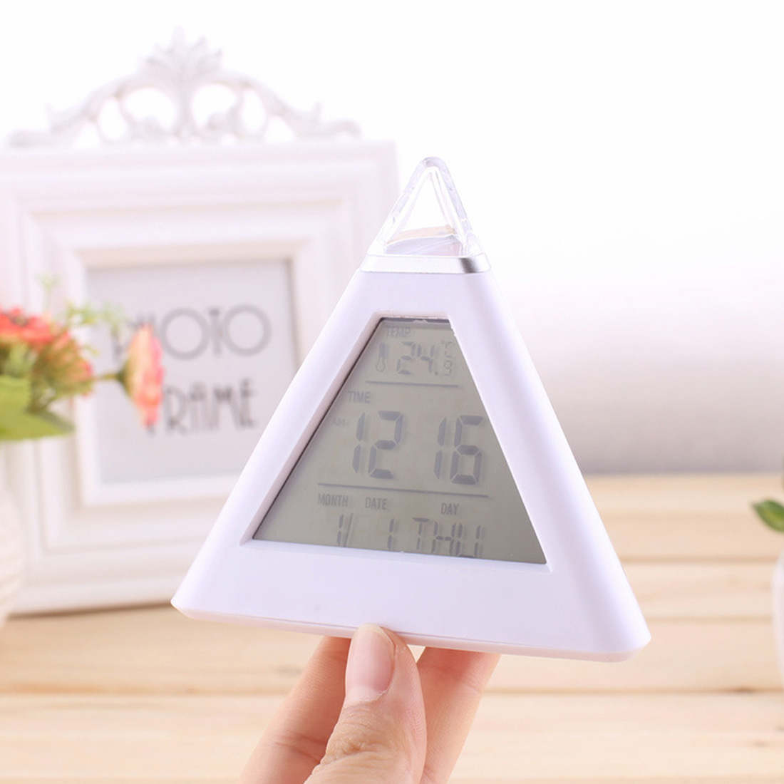 Pyramid Shaped Digital Multifunction Color to change LED Light Table Desktop Snooze Triangle Alarm Clock Despertador