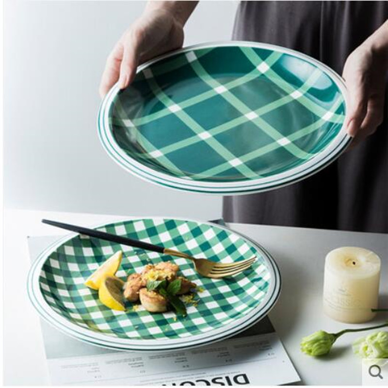 Green plaid series Plate Set Ceramic Kitchen Plate Tableware Set Food Dishes Rice Salad Noodles Bowl Soup Kitchen Cook Tool 1pc