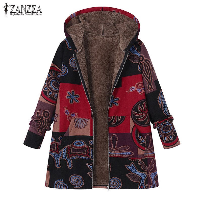 ZANZEA Parkas Autumn Long Sleeve Basic Outerwear Women Retro Hooded Ethnic Printed Faux Fluffy Thin Coat Plus Size Jackets