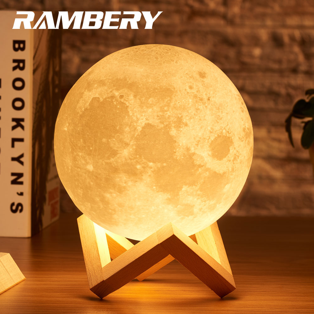 Rambery Maan Lamp 3D Print Nachtlampje Oplaadbare 3 Kleur Kraan Controle Lamp Verlichting 16 Kleuren Veranderen Afstandsbediening Led Maan licht