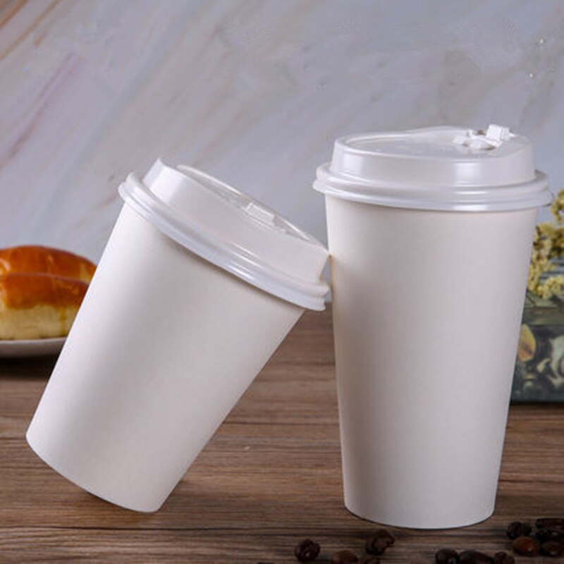 50pcs/pack White Paper Cups With Lid Disposable Coffee Cup Milk Tea Cup Household Office Drinking Accessories Party Supplies