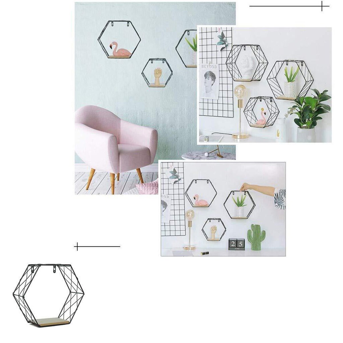 Nouvelle grille murale étagère flottante géométrie moderne hexagone métal étagères de rangement murales présentoirs