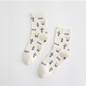 Daglige afslappede bløde sokker kvinder tegneserie plante kaktus mønster sokker piger komfortable søde sokker varme korte kvinders sokker: Hvid