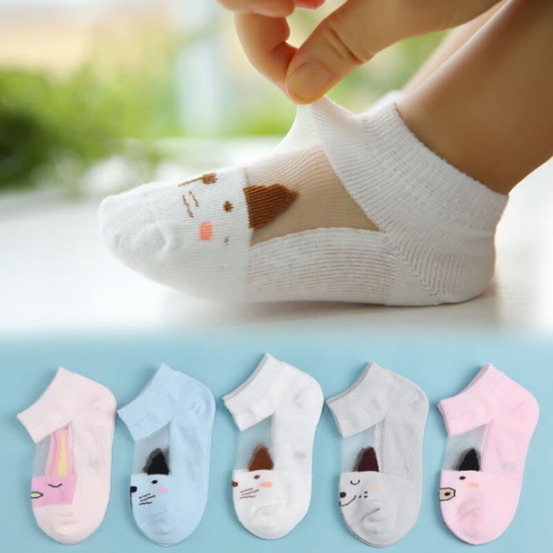 Calcetines de algodón de malla delgada de verano para niños, calcetines de seda de hielo para bebé, calcetines de barco de personajes de dibujos transpirables: Pink pig 5pair / M 1 to 3year